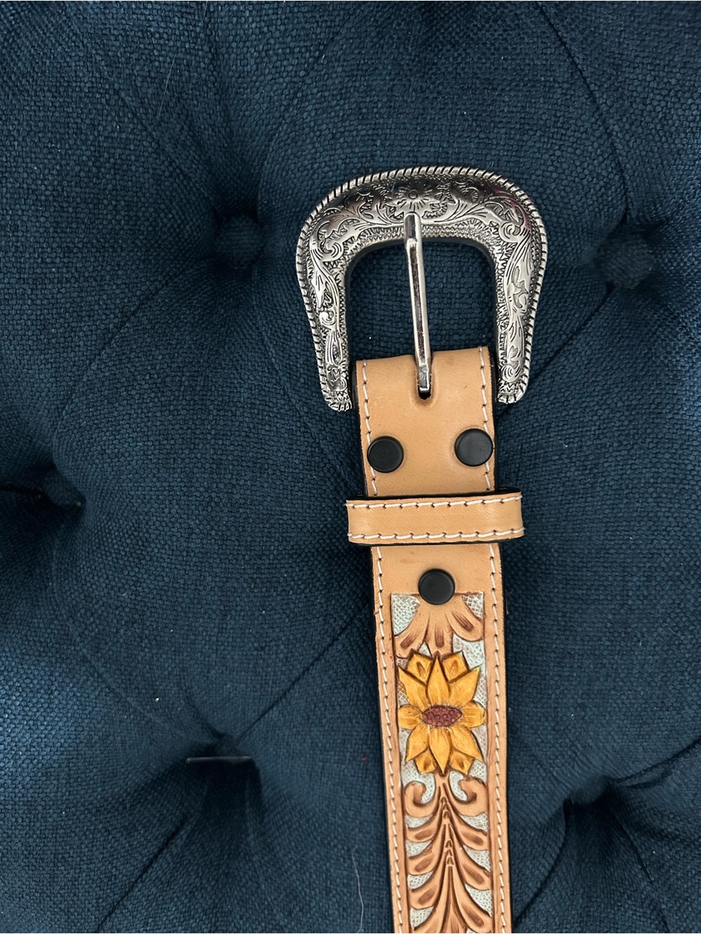 Ariat Tan Leather Sunflower Tooled Belt with Engraved Silver Buckle